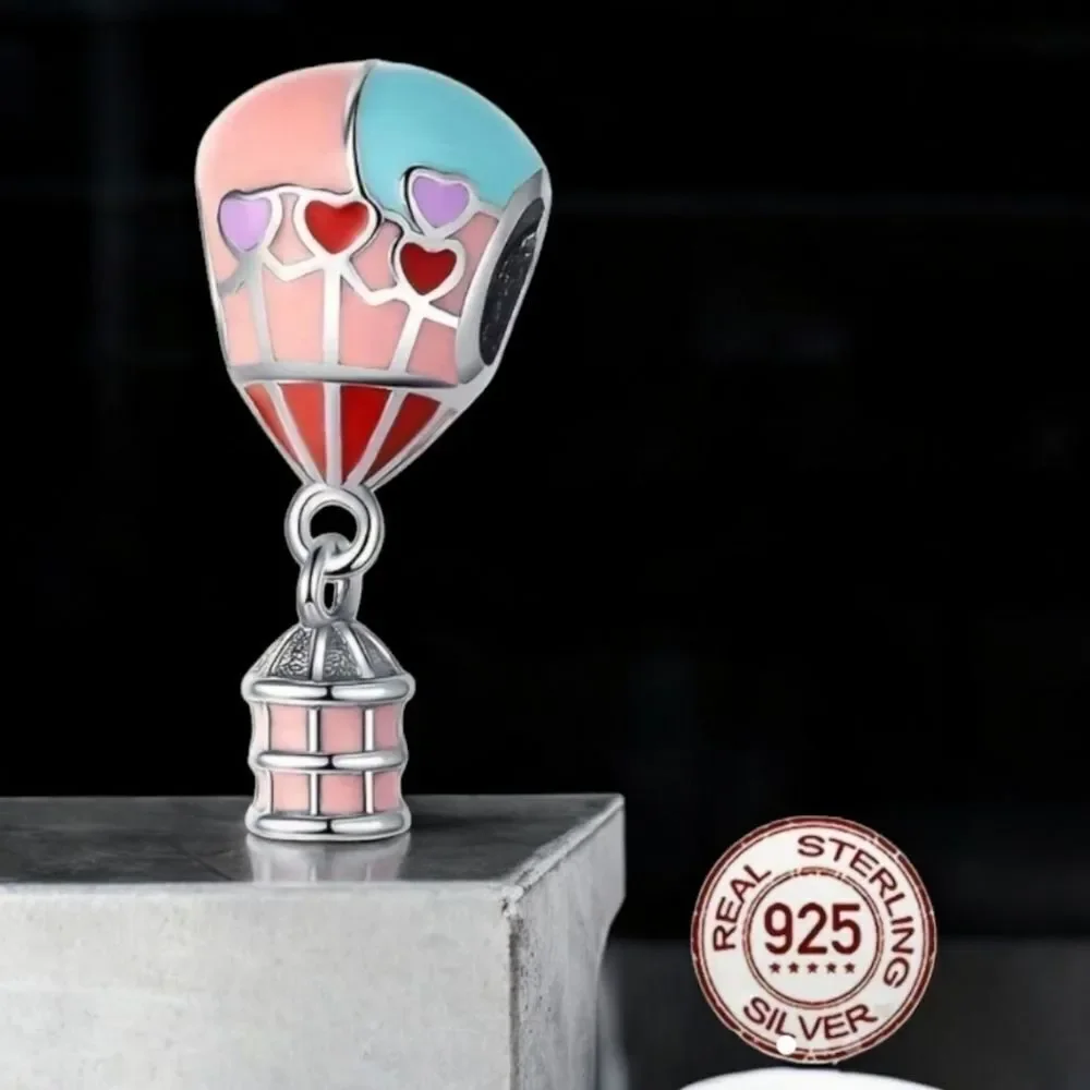 Hot Air Balloon Charm S925 Sterling Silver Pink Hearts Slide-On Bracelet Pendant